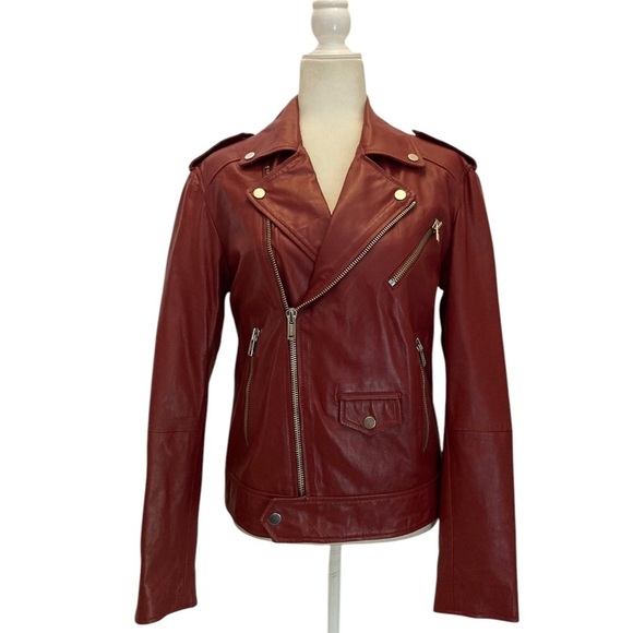 Deadwood River Biker Leather Jacket Stockholm Sweden in Burgundy Women’s Small - Picture 2 of 15